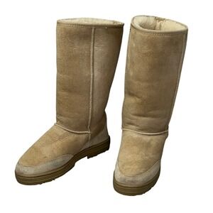 UGG Ultra Tall Boots Womens 6 Sand Sheepskin Embroidered Braid 5245 Made in NZ